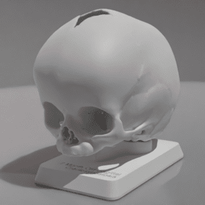 A skull model with sagital craniosynostosis, viewed from a 3/4 View