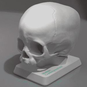 A model of a skull with metopic craniosynostosis