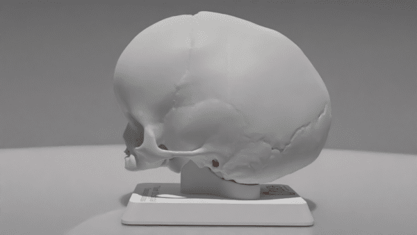 A skull model with sagital craniosynostosis, viewed from the side